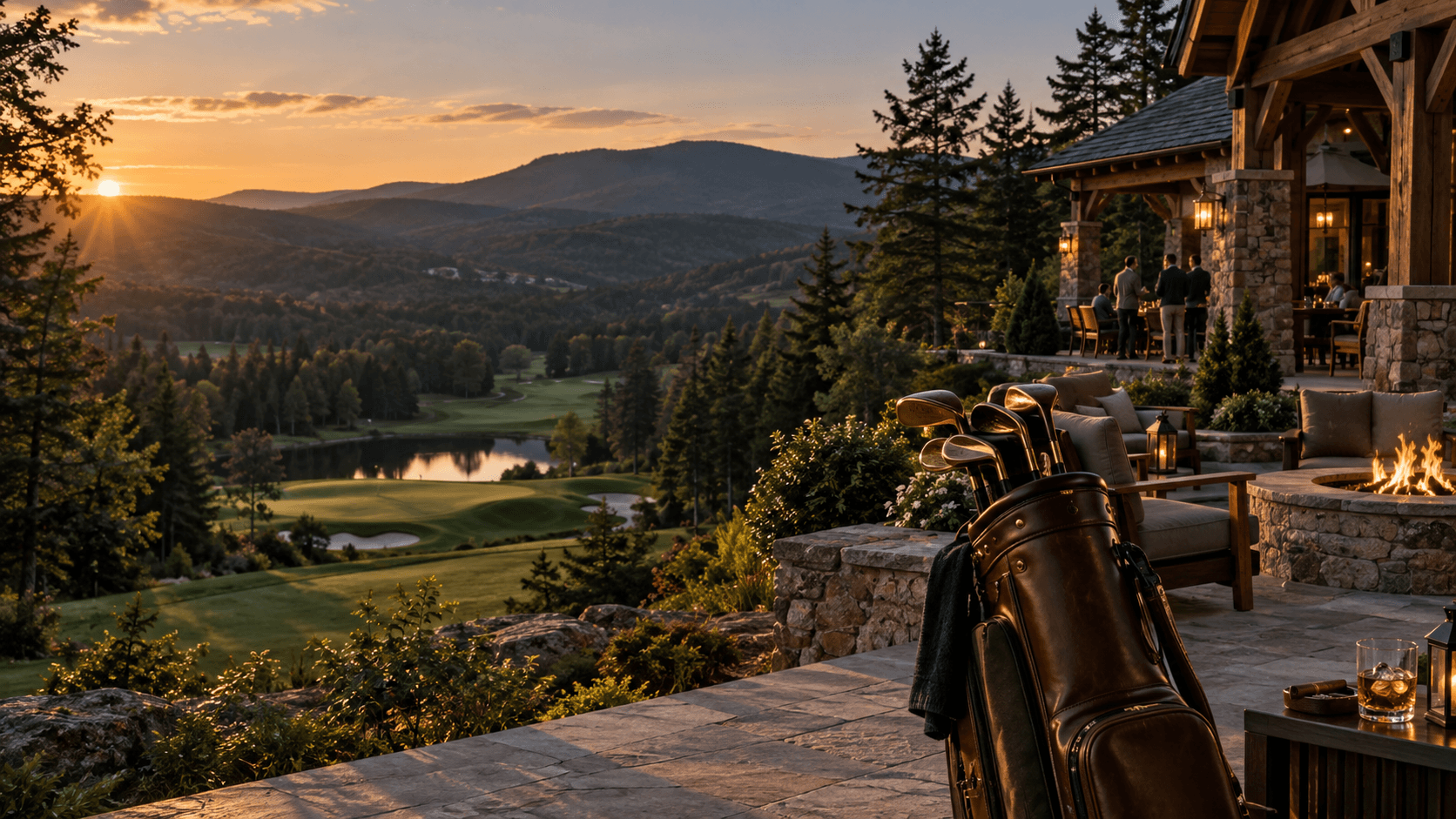 A private mountain golf lodge overlooking a fairway at sunset